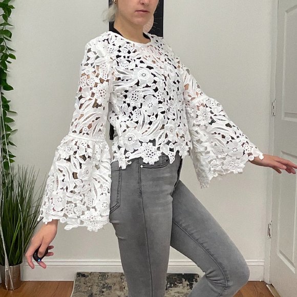 DECJUBA Bell Sleeve Eyelet Floral Lace Top Blouse Size 10 White - Picture 10 of 11